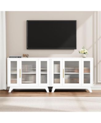 Buffet Storage Cabinet with Fluted Glass Door, 36" Modern Sideboard Cabinet with 2-Tier Storage, White Accent Cabinet for Kitchen Dining Living Room, White Top