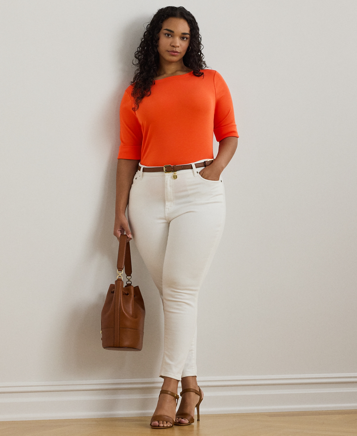 Ralph Lauren Plus Size Stretch Cotton Boatneck Tee In Orange Lily