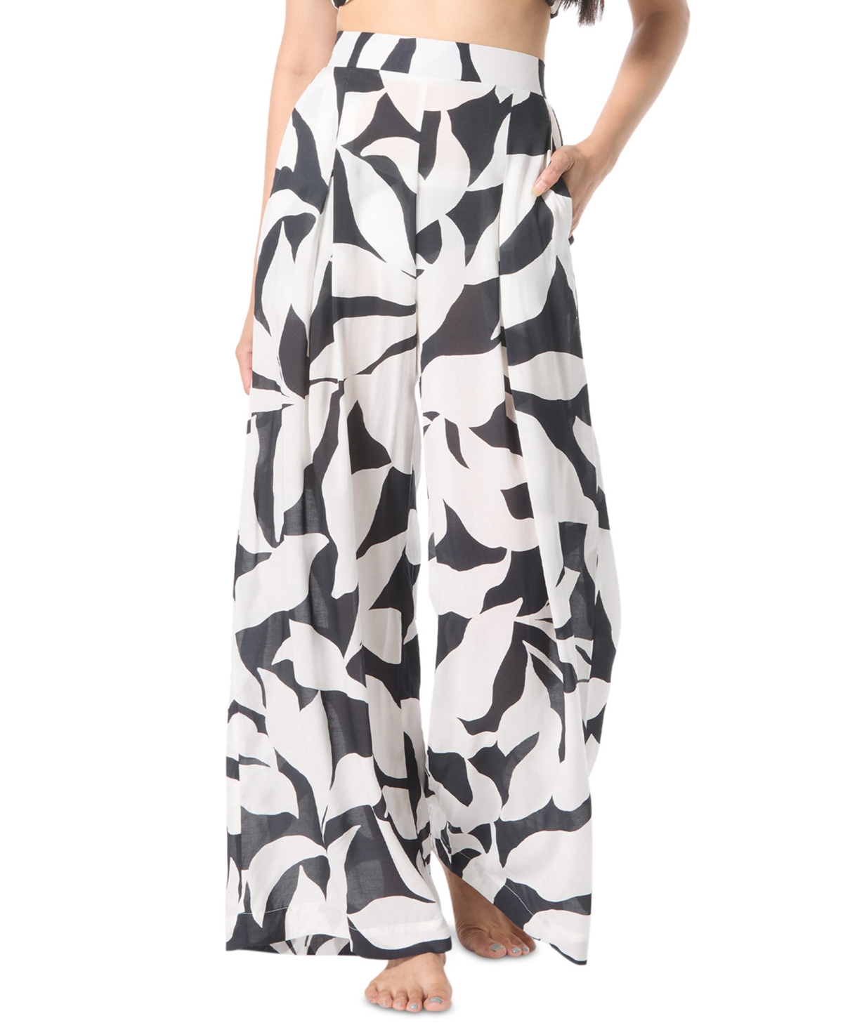 Shop Vince Camuto Women's Printed Wide-leg Pants Swim Cover-up In Black,white