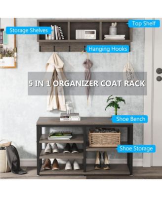 Coat Rack Set and Industrial Shoe Bench, 3 Storage Cubbies, 7 Hooks for Entryway, Hallway, 5-in-1Design
