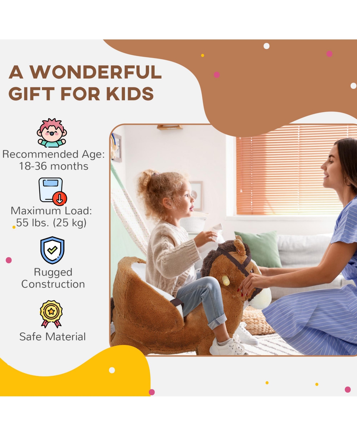 Qaba Baby Rocking Horse, Kids Ride on Horse w/ Sound, Safety Belt,- Brown