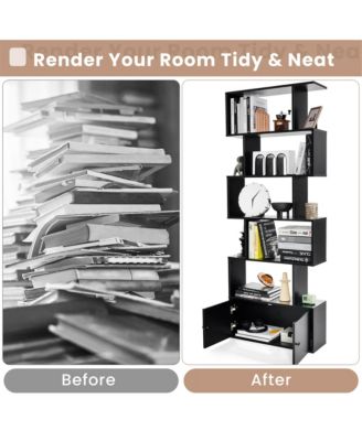 2PCS 6-Tier Shaped Bookshelf w/ Cabinet 6-Tier Tall Bookcase w/ Doors