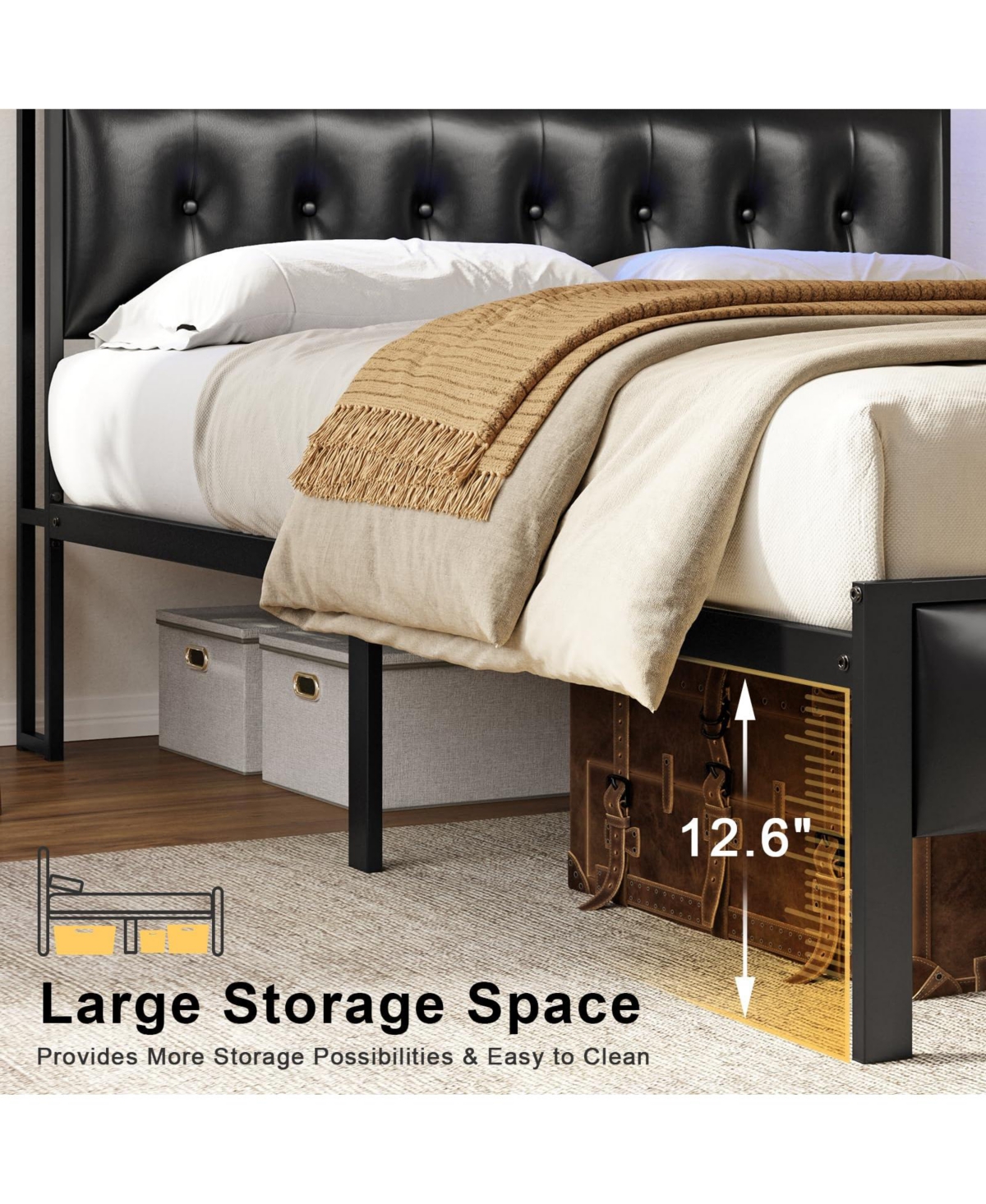 Hausource Size Bed Frame with Storage Headboard & Charging Station Platform Bed No Box Spring Needed