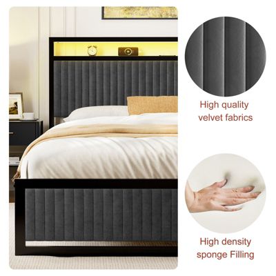 Upholstered King Bed Frame with LED Display Headboard, 2 Storage Drawers, Charging Station, Gray