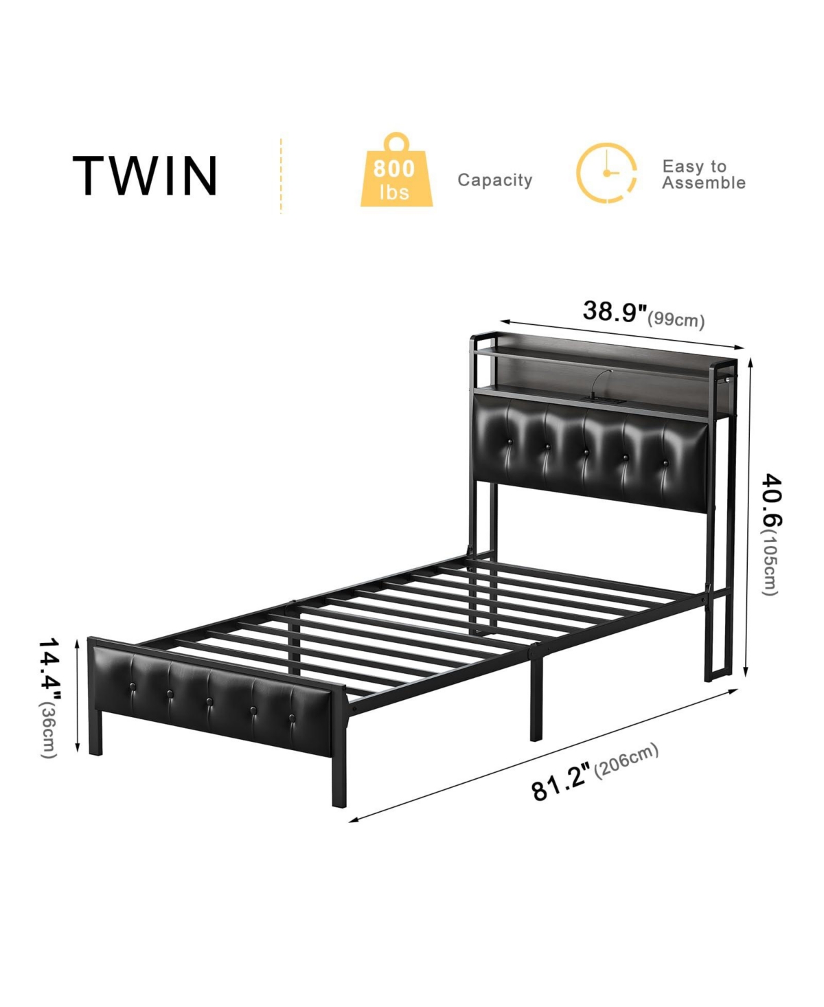 Hausource King/Twin Size Bed Frame with Storage Headboard & Charging Station Upholstered Platform Bed