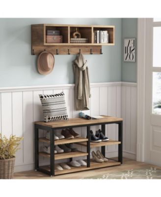 Coat Rack Set and Industrial Shoe Bench, 3 Storage Cubbies, 7 Hooks for Entryway, Hallway, 5-in-1Design