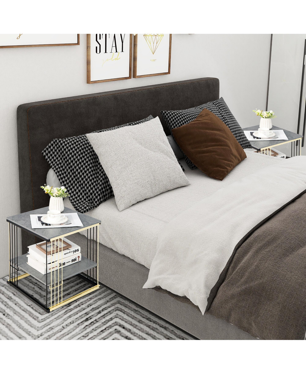 Gymax 2-tier Side End Coffee Table Square Nightstand for Living Room Bedroom - Grey+black+golden
