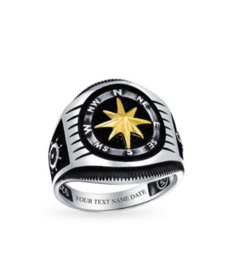 Large Boat Wheel Compass Signet Ring Black Gold-Tone .925 Silver