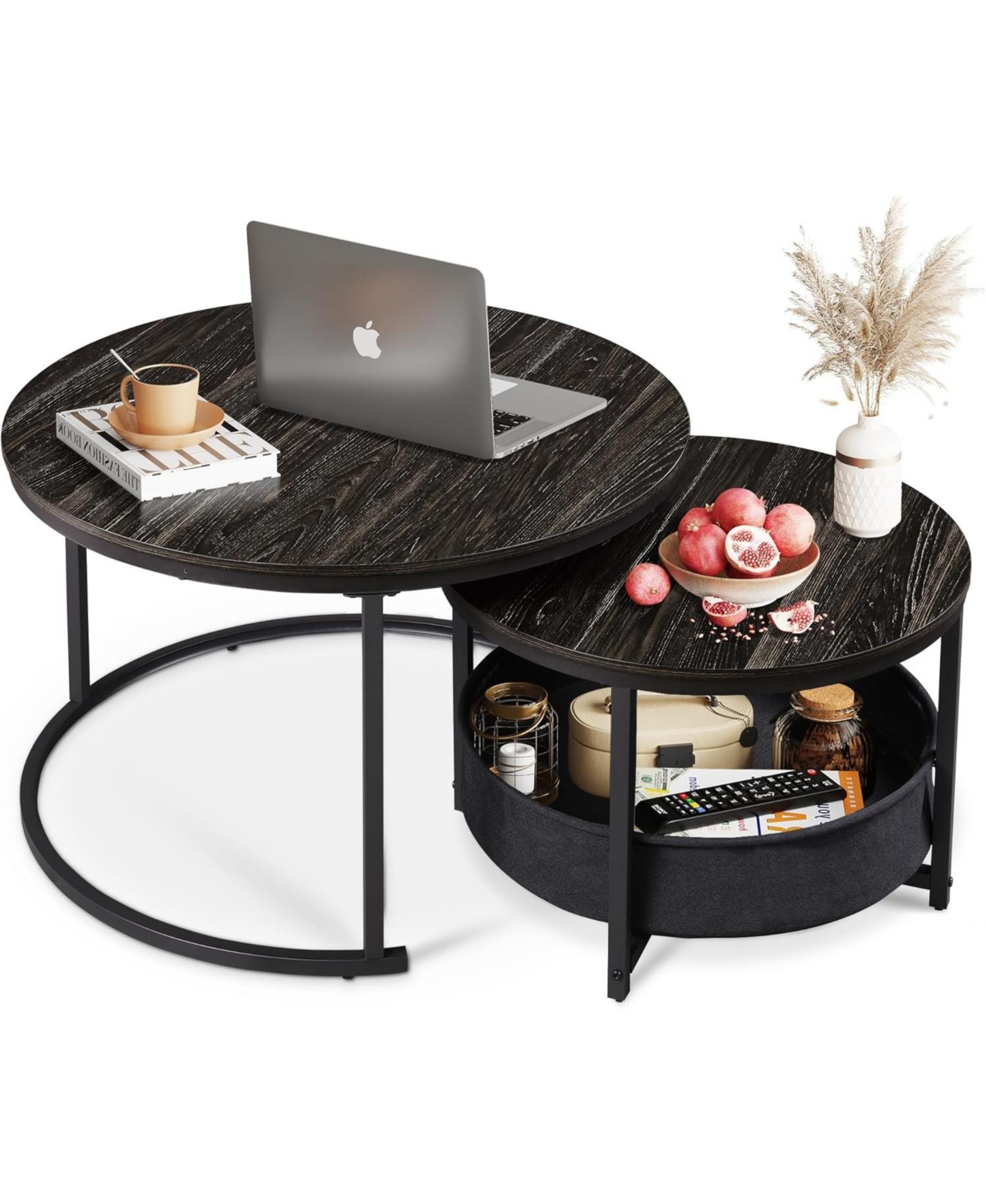 Wlive Coffee Table Set of 2, Round Nesting Table for Living Room,Small Circle Table with Storage for Small Space,Metal Frame and Fabric Basket, H