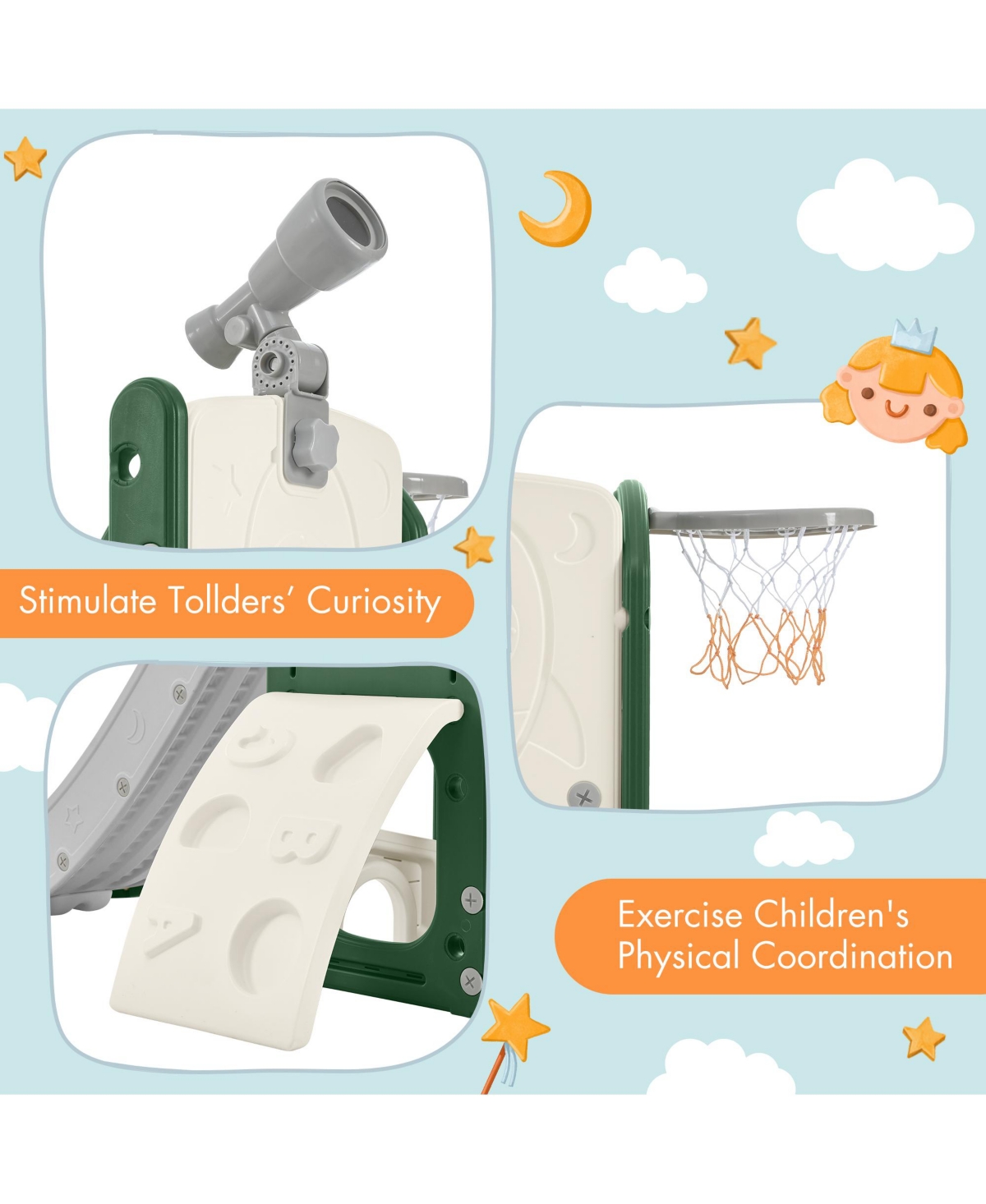 Slickblue 5-in-1 Kids Slide Playset Spaceship Structure with Slide, Telescope, Basketball Hoop, and Golf Holes - Perfect for Toddlers and Kids