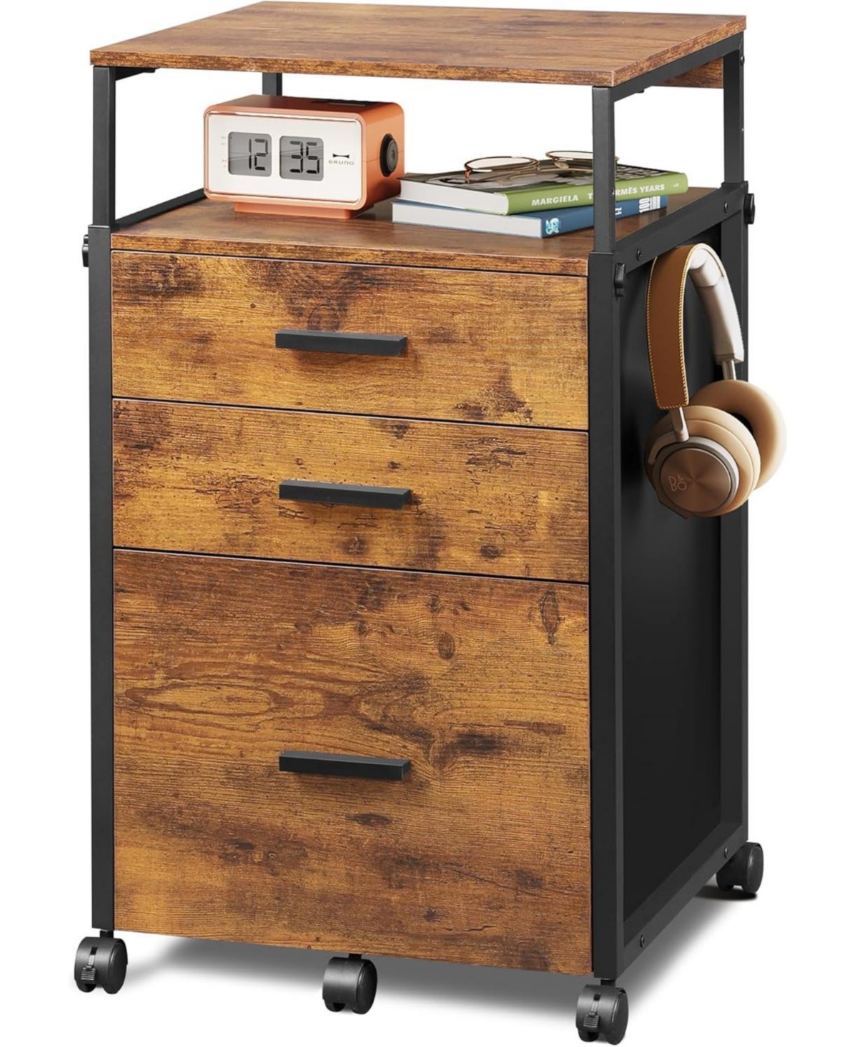Galaxhero File Cabinet with Storage Drawers, Rolling Printer Stand with Adjustable Shelves, Wood Filing Cabinet for Home Office, Rustic Brown