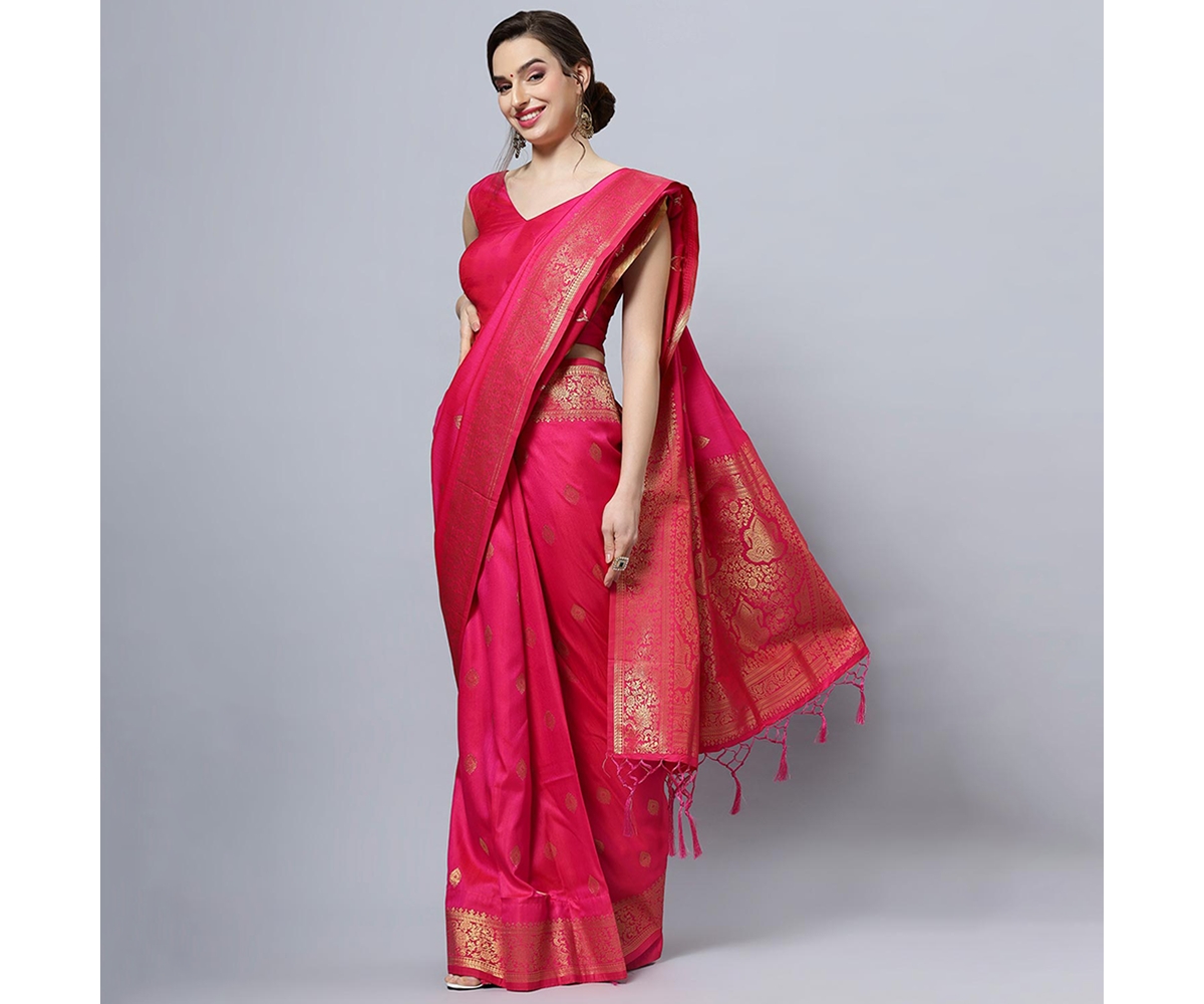 One Minute Saree Petite Silia Moss WeaveArt Silk Ready to Wear Sari - Pink