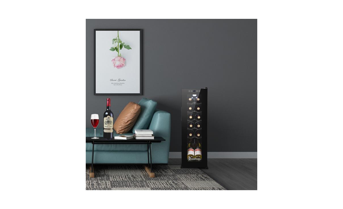 Slickblue12-Bottle Electronic Wine Cabinet with Transparent Glass Door and Cold Rolled Sheet Design - Black