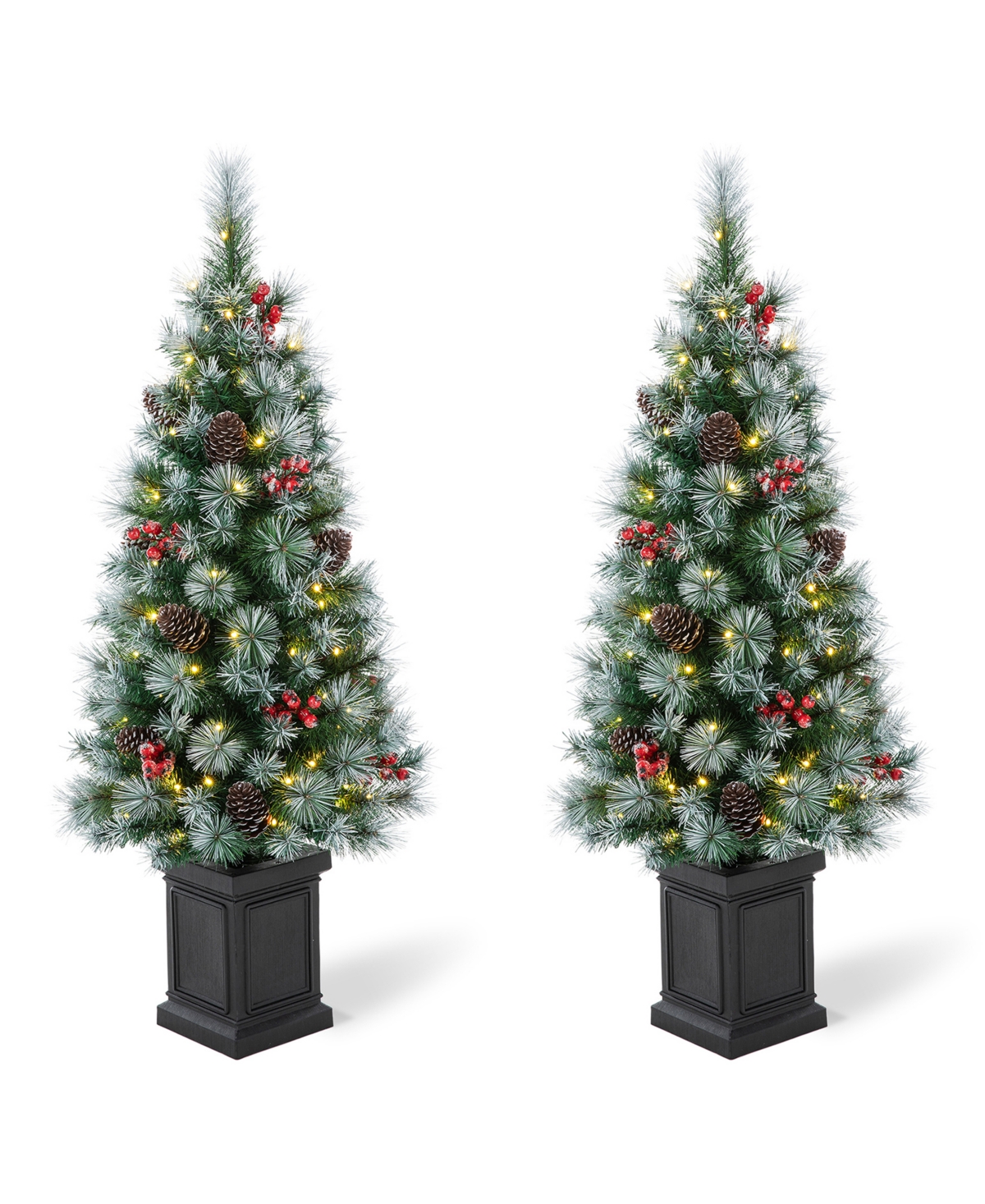 Glitzhome Set Of 2 4ft Pre Lit Pine Artificial Christmas Porch Tree With 80 Warm White Lights, Pinecones And R In Multi Color
