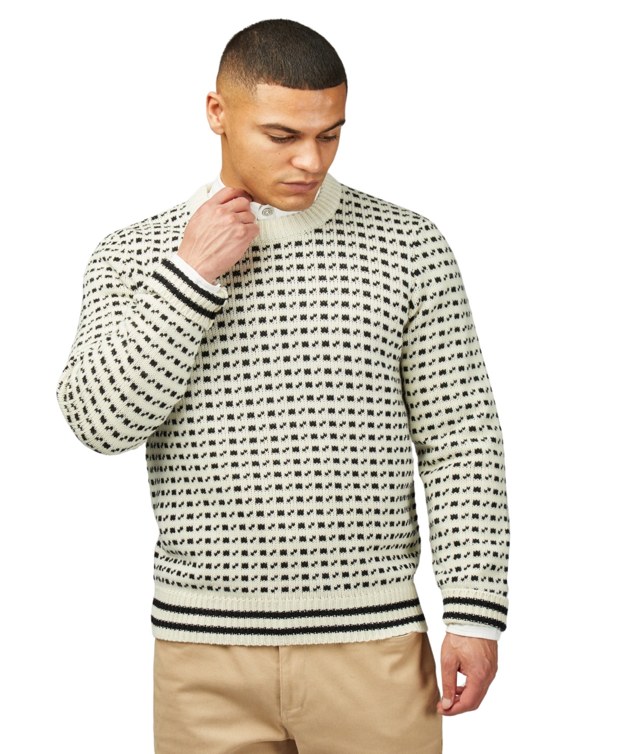 Men's Jacquard Crew Neck Sweater - Ivory