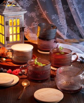 Vintage Glass Coffee Mugs With Handles, Spoons Lid, Set of 6