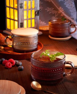 Vintage Glass Coffee Mugs With Handles, Spoons Lid, Set of 6