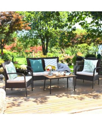 4 Pieces Patio Cushioned Wicker Conversation Set with Acacia Wood Tabletop