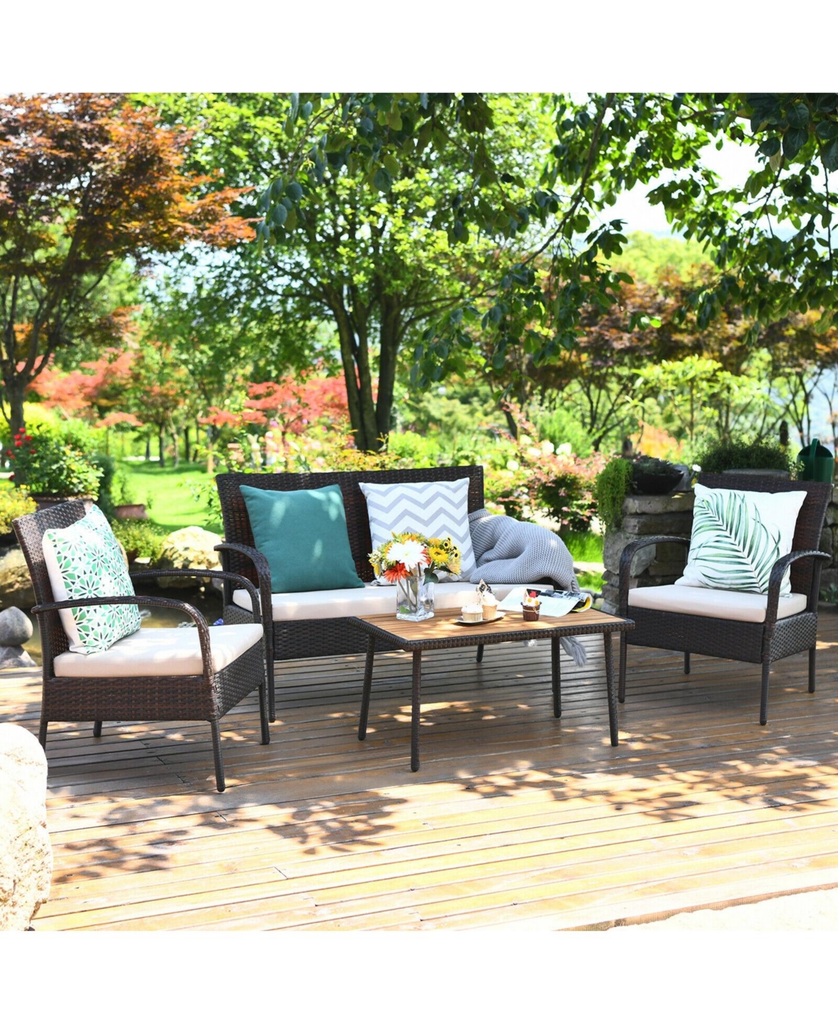 Sugift 4 Pieces Patio Cushioned Wicker Conversation Set with Acacia Wood Tabletop
