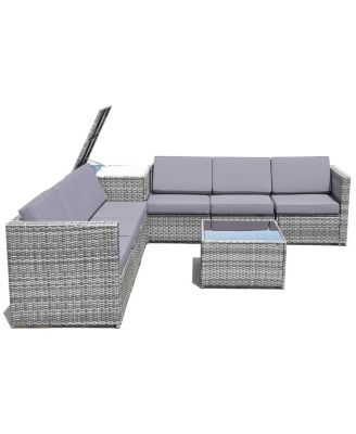 8 Pieces Wicker Sofa Rattan Dining Set Patio Furniture with Storage Table-Gray