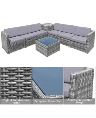 8 Pieces Wicker Sofa Rattan Dining Set Patio Furniture with Storage Table-Gray