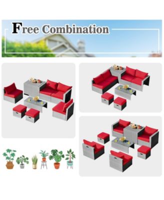 8 Pieces Patio Rattan Furniture Set with Storage Waterproof Cover and Cushion-Red