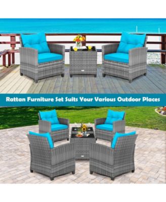 3 Pieces Outdoor Wicker Conversation Set with Tempered Glass Tabletop-Turquoise
