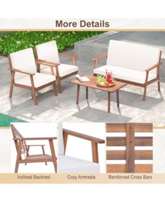 4 Piece Outdoor Acacia Wood Conversation Set with Soft Seat and Back Cushions-White