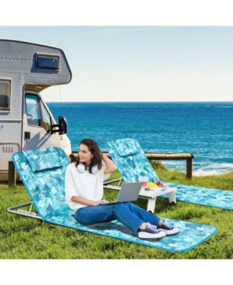 3 Pieces Beach Lounge Chair Mat Set 2 Adjustable Lounge Chairs with Table Stripe-Green