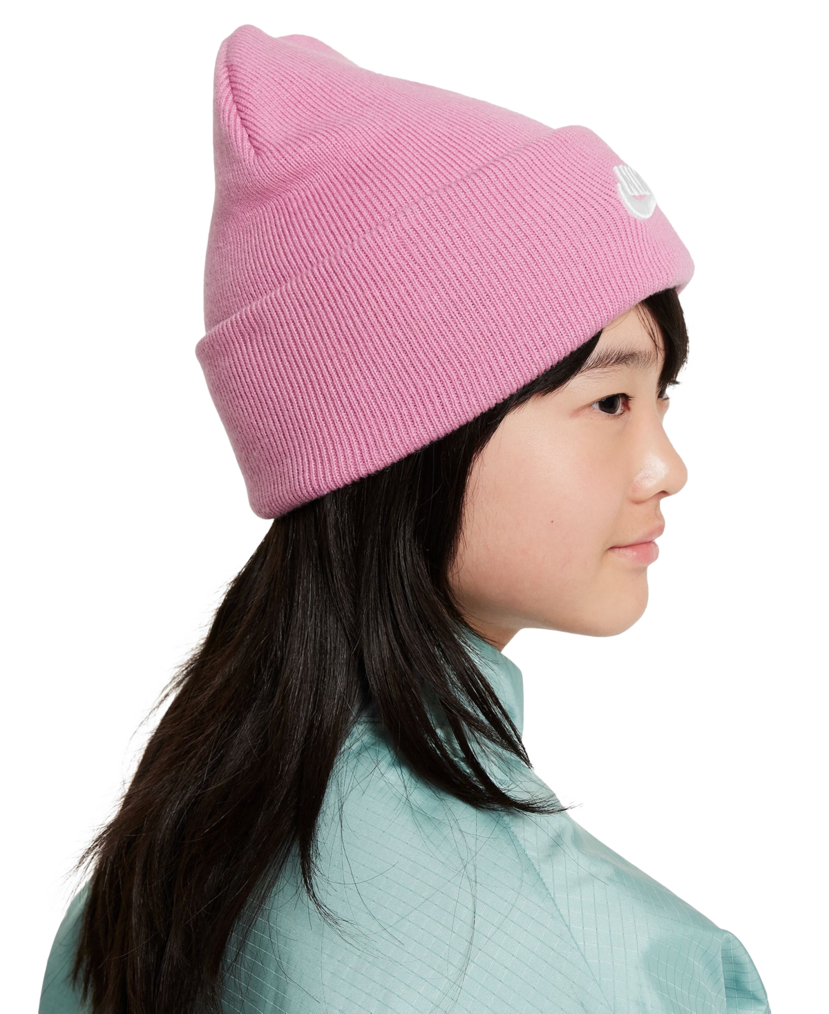 Nike Big Kids Peak Logo Embroidered Ribbed-knit Beanie In Magic Flamingo,(white)