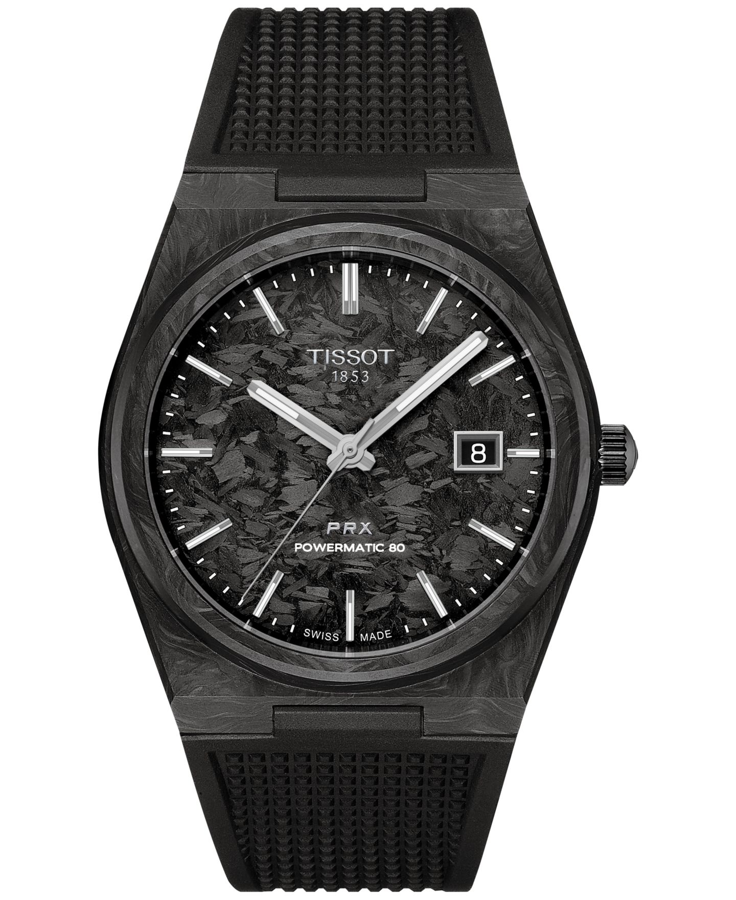Мужские часы Tissot Swiss Automatic PRX Powermatic 80 Black Rubber Strap Watch 40mm — фото 1