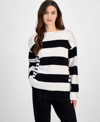 T Tahari - Women's Mixed-Stripe Boat-Neck Long-Sleeve Sweater