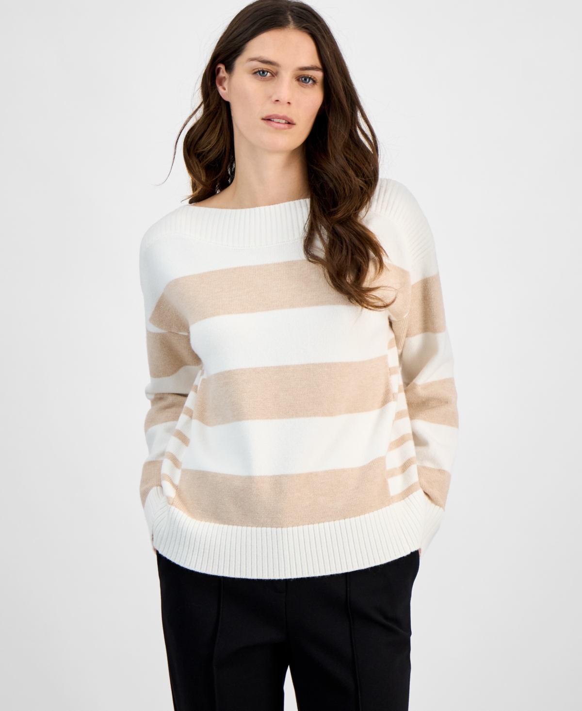T Tahari Women's Mixed-stripe Boat-neck Long-sleeve Sweater In White Star,tan