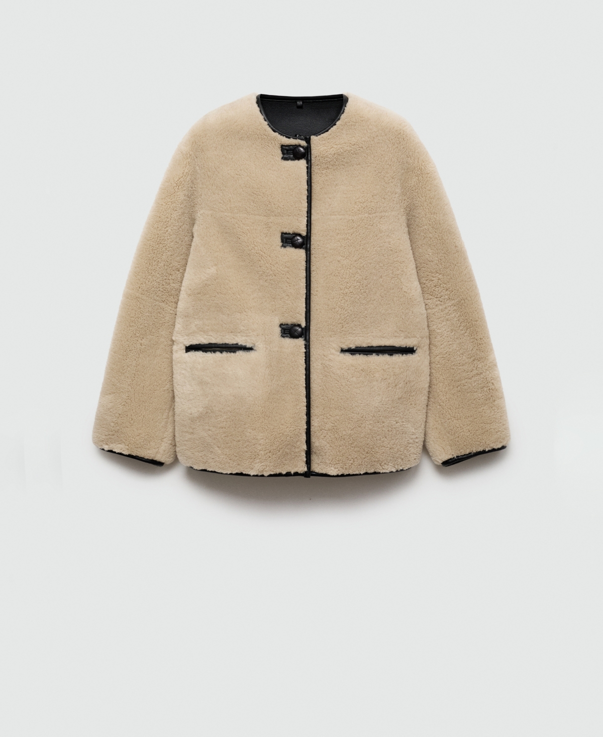 Mango Contrast Faux Leather Trim Faux Fur Toggle Coat In Ecru
