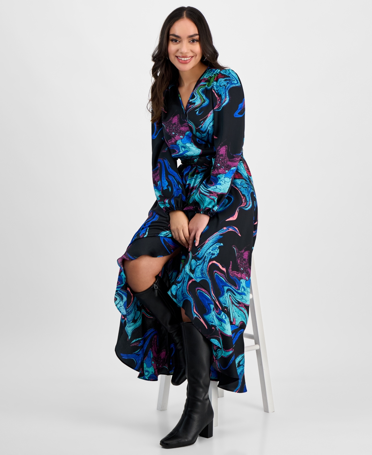 INC INTERNATIONAL CONCEPTS PETITE PRINTED SURPLICE RUFFLED MAXI DRESS, EXCLUSIVELY AT MACY'S 