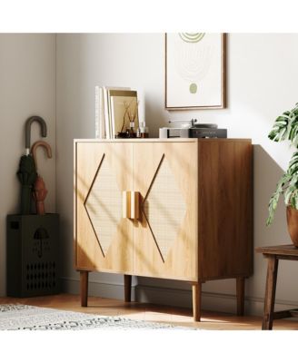 Buffet Cabinet with Storage, Storage Cabinet with 2 Rattan Decorated, Sideboard Cabinet, Accent Cabinet for Living Room, Dining Room, Entryway, Natural