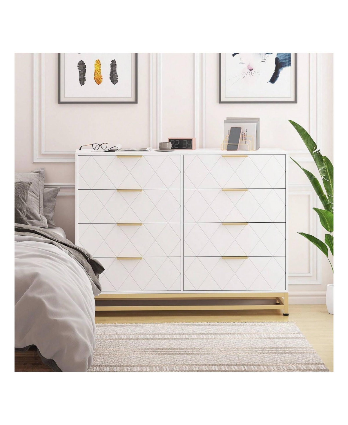 gaomon 8 Drawer Dresser For Bedroom With Deep Drawers, Wide Chest Of Drawers With Metal Handles, Large Floor Wood Storage Dresser Modern Dresser - Whi