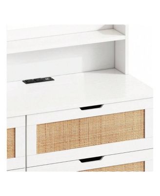 43.31 Inch Storage Cabinet 6 Drawer Dresser For Bedroom, Modern Wood Chest Of Drawers With LED Light Strip, 2 AC Sockets, 2 USB Ports, For Bedroom Hallway Living Room