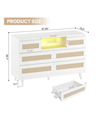 Natural Rattan Dresser For Bedroom With LED Light And Charging Station, 6 Drawer Double Dressers, Modern Wooden Dresser Chest, Beside Table For Closet, Nursery, Living Room