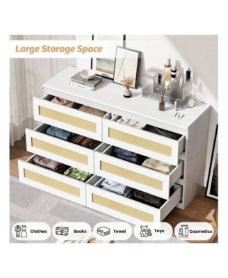Rattan Dresser For Bedroom, 6 Drawer Dresser For Bedroom, Modern Wide Chest Of Drawers With Anti-Tip Kit