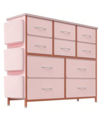 Dresser For Bedroom, 10 Drawers Fabric Storage Drawer, Dressers & Chest Of Drawers With Side Pockets, Hooks, Wood Tabletop For Closet