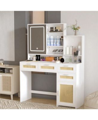 Makeup Vanity With Lights In 3 Colors And Openable Mirror, Vanity Desk With 4 Drawers, 1 Cabinets And Shelves