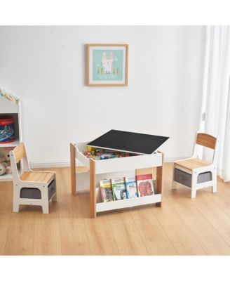 Kids Art Play Activity Table with Storage Shelf and Chair Set with Storage Baskets, White & Gray