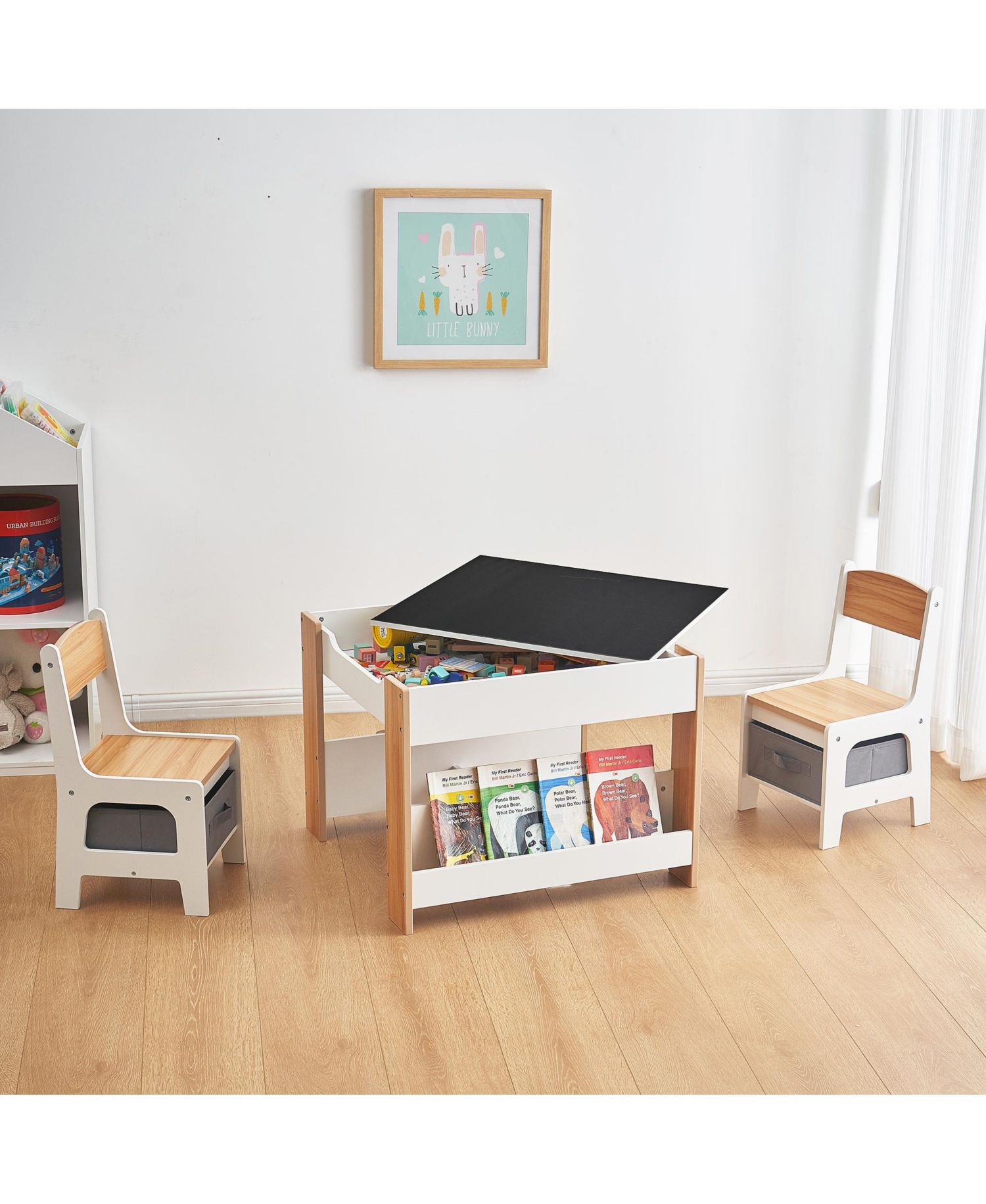 Kids Art Play Activity Table with Storage Shelf and Chair Set with Storage Baskets, White & Gray