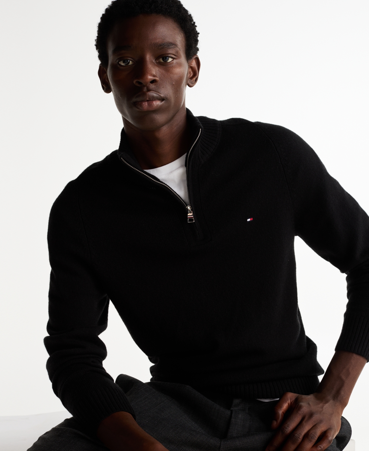 Tommy Hilfiger Essential Cotton Mens Half Zip Mock Sweatshirt In Black