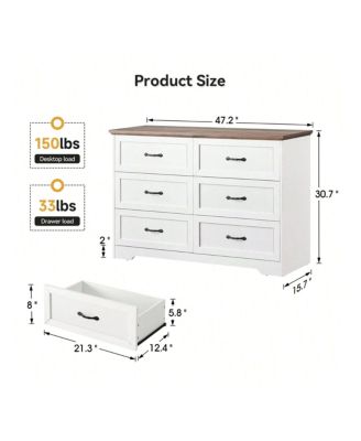Dresser For Bedroom With 6 Drawers, Wood Drawer Dresser Chest Of Drawers For Closet, Living Room, Hallway, Nursery, Kids Bedroom(White and Brown)