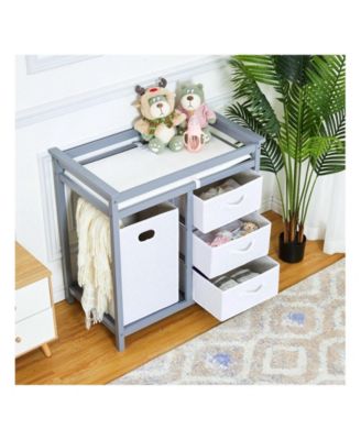 Wooden Baby Changing Table, Diaper Changing Table, Infant Diaper Changing Station Dresser With Laundry Hamper, 3 Drawer Basket And Changing Pad