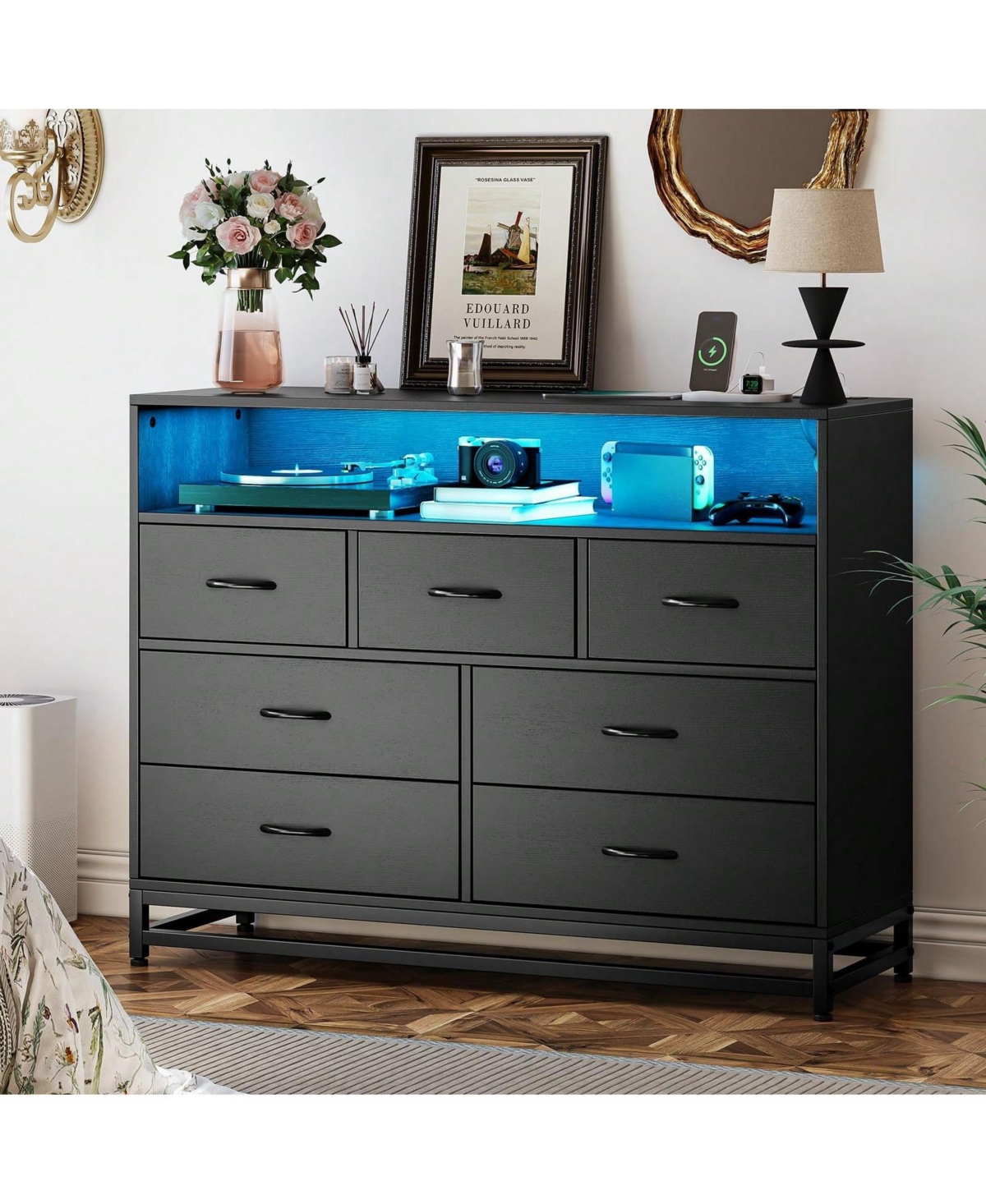 White Dresser For Bedroom, Modern 7 Drawers Long Dresser With Charging Station And Led Lights Design