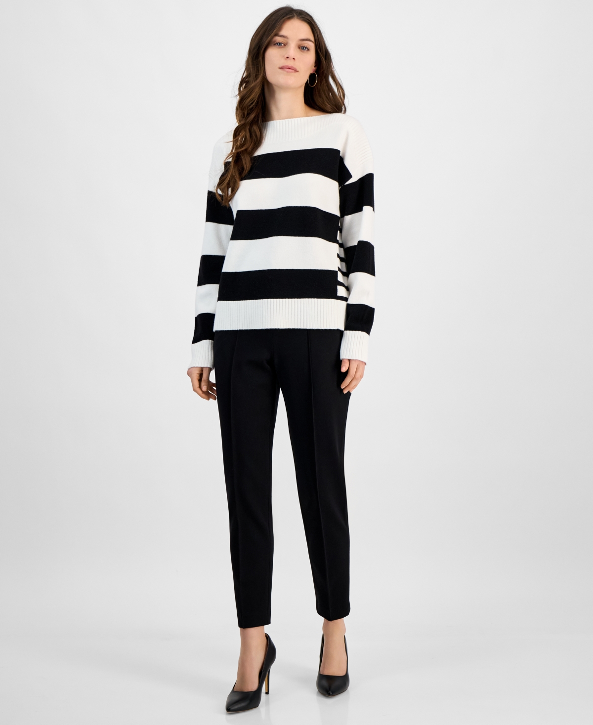 T Tahari Women's Mixed-stripe Boat-neck Long-sleeve Sweater In White Star,black