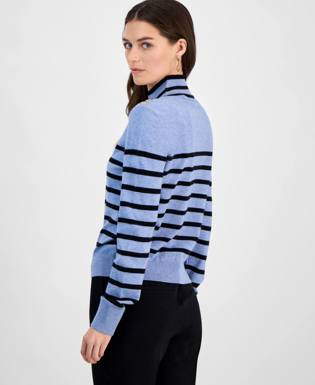 T Tahari Women's Striped Mock-neck Long-sleeve Sweater In Fountain Heather Blue